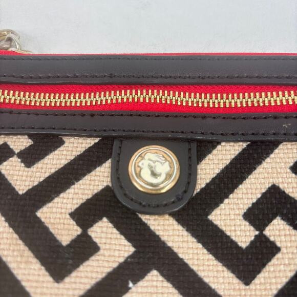 Spartina Wristlet Clutch with Tassel Beige Black Red Geometric Leather Linen Zip - Picture 3 of 12